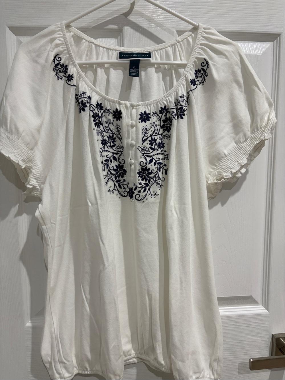 Karen Scott White Blouse with Navy Floral Embroidery, Size XL